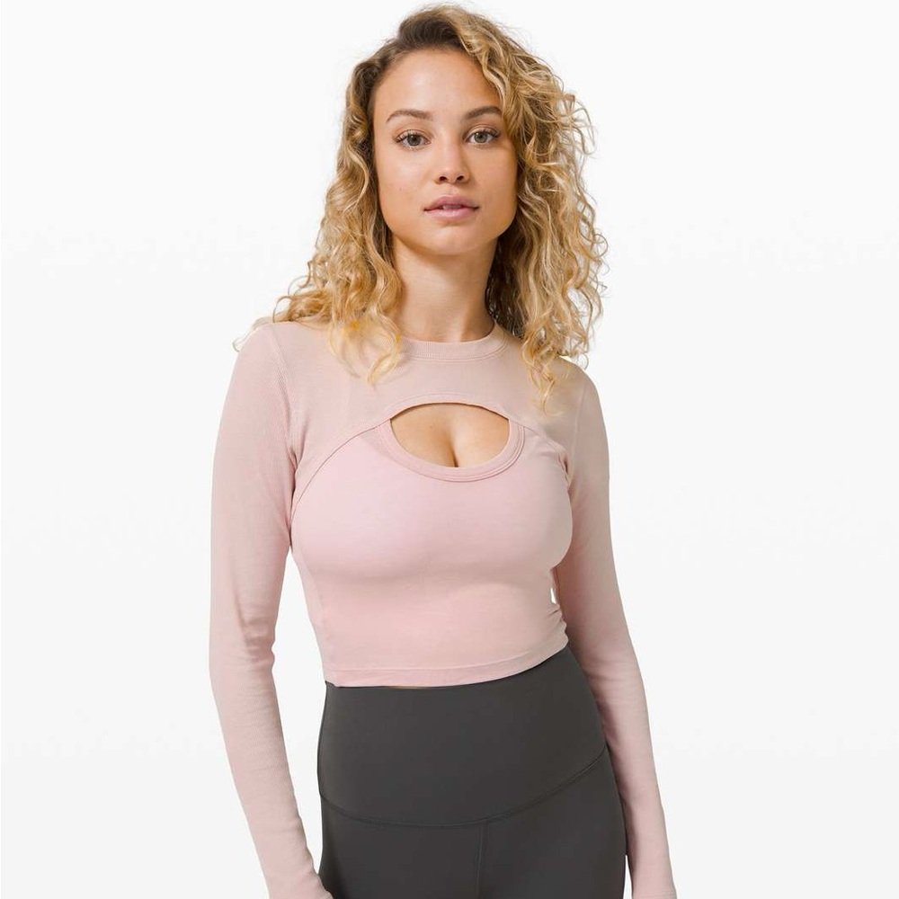 Lululemon Better Best Cut Out Light Pink Ribbed Long Sleeve Cropped Top